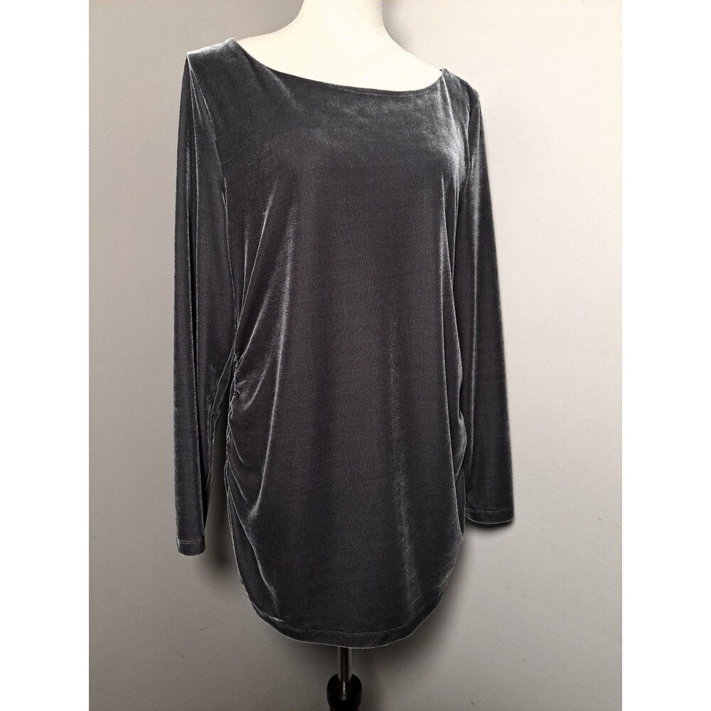 Soft Surroundings Gray Velvet Tunic Top Blouse Sz L Ruched Sides Long Sleeve